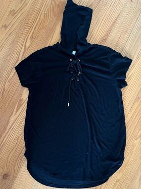 Black Hooded Women's Swim Coverup with Lace-Up Neck